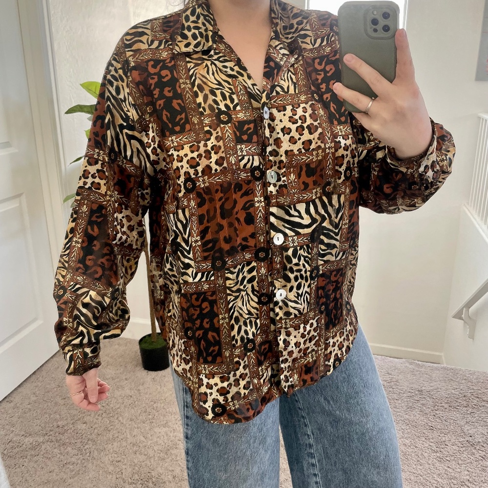 Patchwork Vintage Cheetah Leopard Cat Hipster Hippie Button Boho Bohemian Blouse